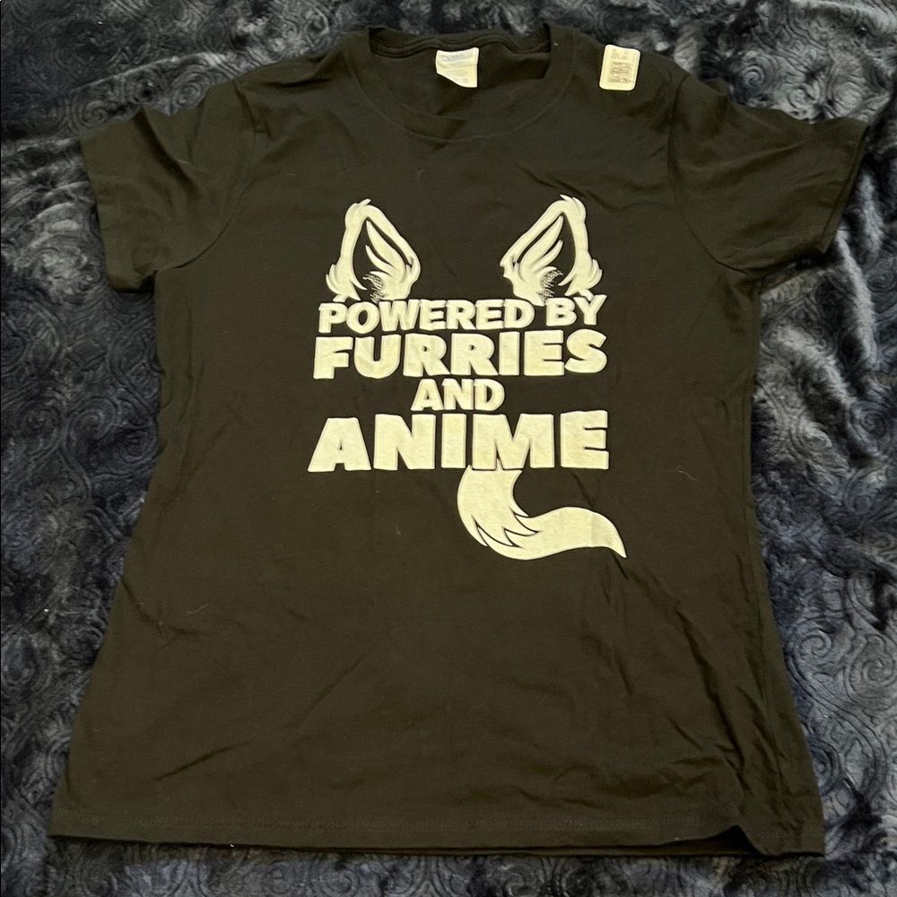 Powered By Furries and Anime Black Graphic Tee (Ladies M)